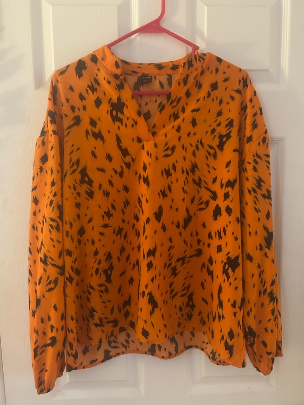 SHEIN Orange & Black Animal-Print V-Neck Blouse